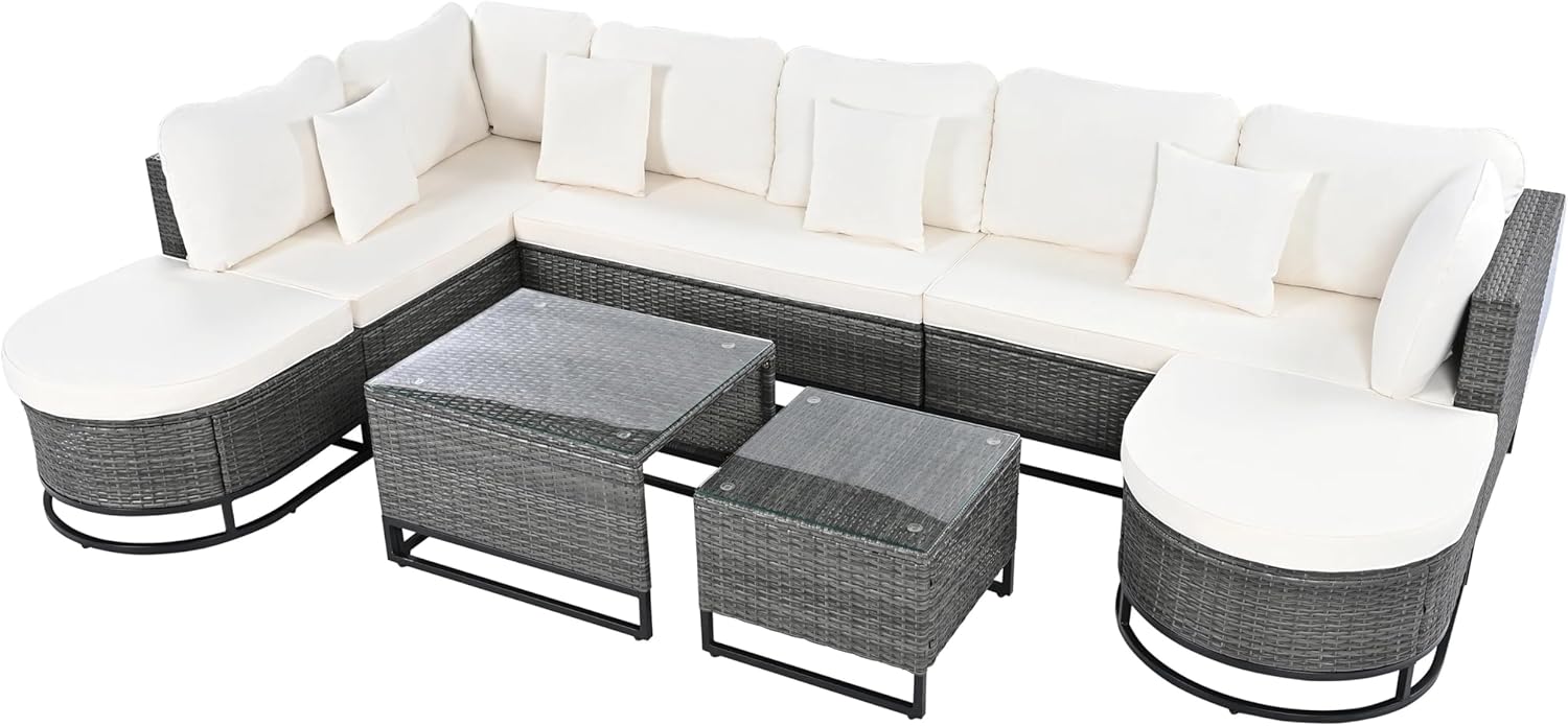 7 Pieces Outdoor Wicker Sofa Set, Rattan Conservation Sectional Free Combination Set, Patio Furniture Sets with Coffee Table and Pillows for Garden and Deck, Gray (Beige)