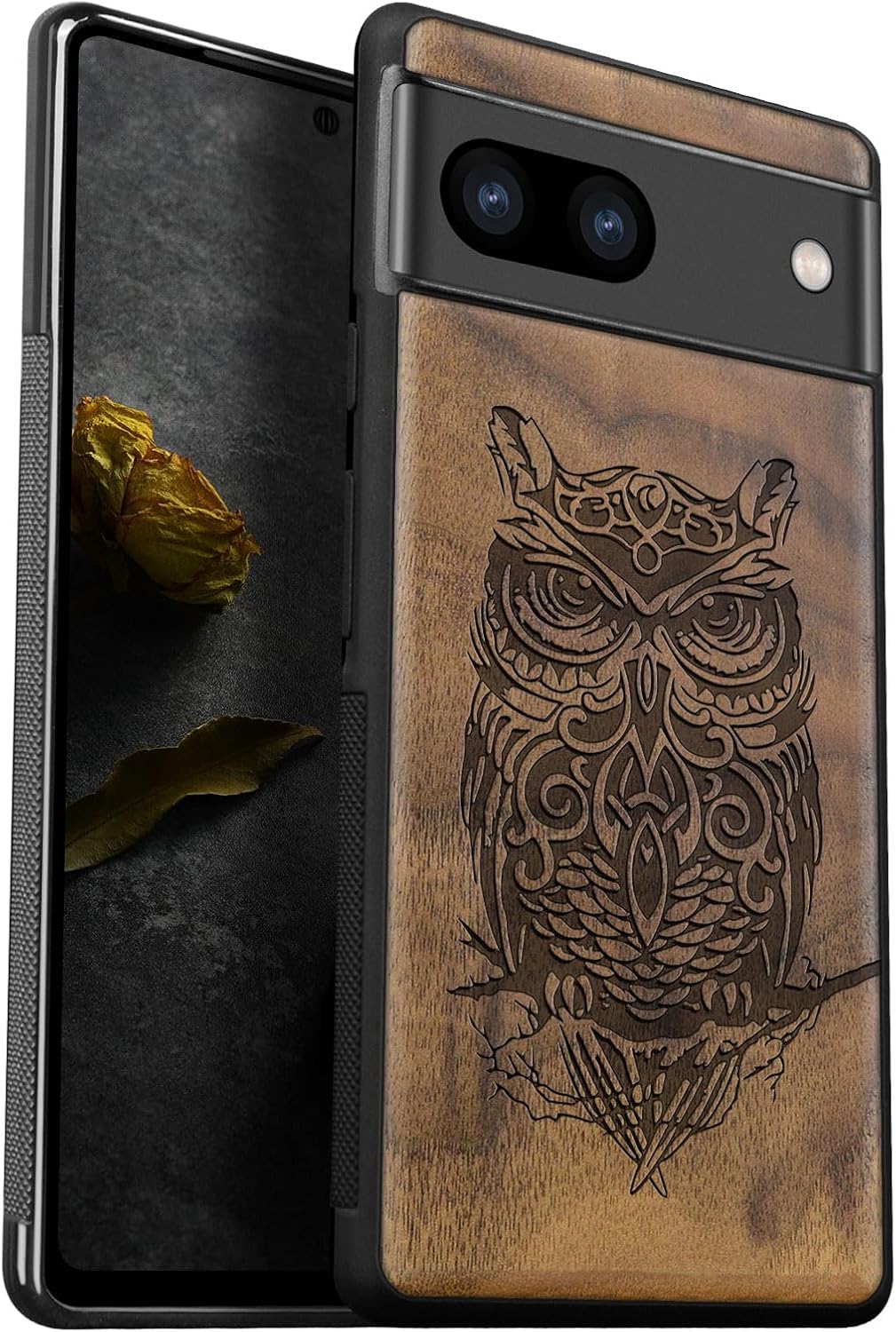Carveit Wood Case for Pixel 8 Case [Natural Wood & Black Soft TPU] Shockproof Protective Unique Wooden Cover Compatible with Google Pixel 8 (The Owl Mandala-Blackwood)