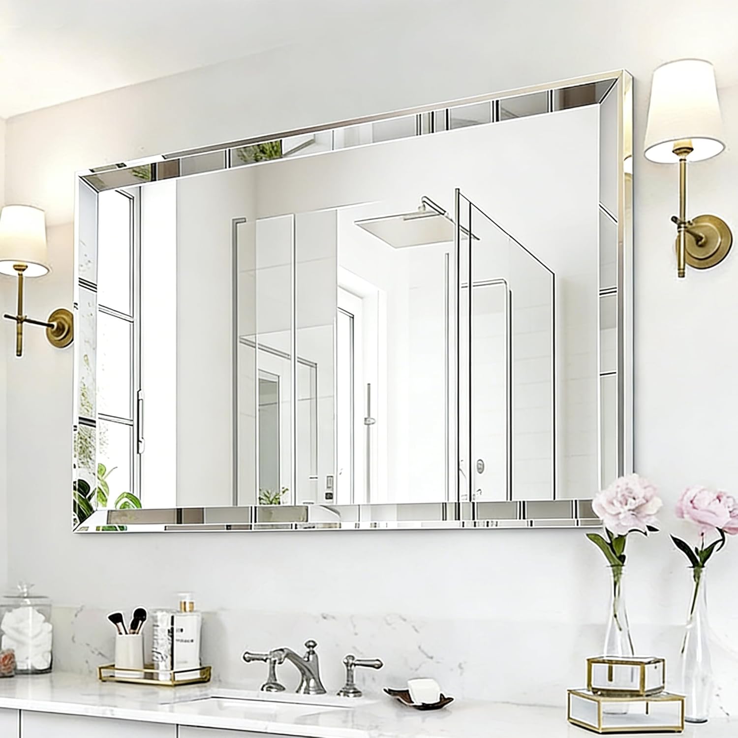 Chende 33"x49" Angled Retangular Decorative Wall Mirror with 2" Stainless Steel Frame, Modern Large Elegant Mirror for Living Room, Dining Room, Entrance, Bedroom Decor, Unique