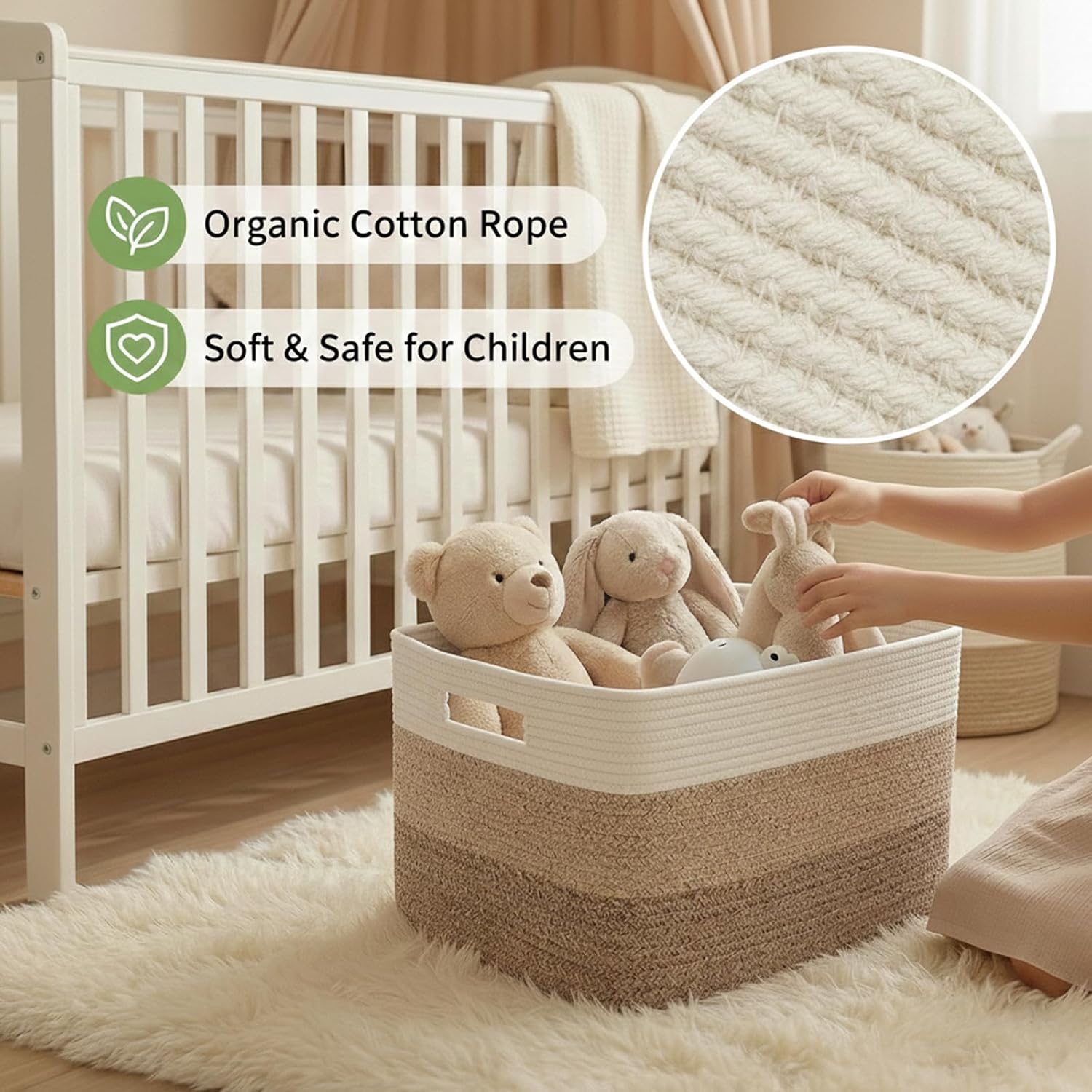  65L Large Woven Cotton Rope Blanket Basket, White&Brown thumbnail