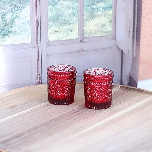 Miniatura 8 de VOHO Juego de 12 portavelas de cristal de mercurio rojo, portavelas votivas bohemias de girasol rojo para centro de mesa, portavelas festivo para