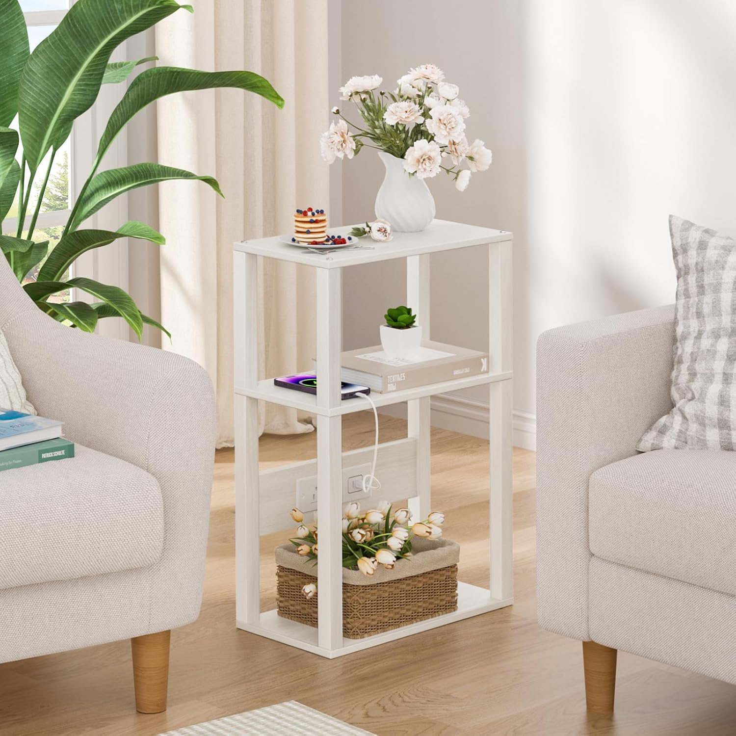YUFAM 3-Tier Small Narrow Wood Side Table with Charging Station, Skinny Nightstand for Small Space, Slim Bedside Table with Storage for Couch, Thin End Table with USB Ports and Outlets, Grey White