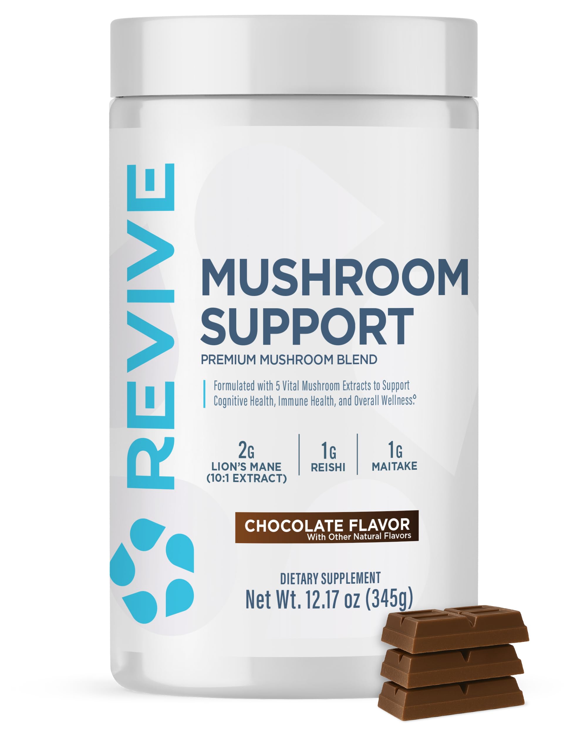 Revive MD Mushroom Powder, Chocolate - Mushroom Supplement Supports Focus, Cognitive, Immune & Brain Health with a Blend of Lion's Mane, Reishi, Chaga, Shiitake & Maitake - Gluten-Free (30 Servings)