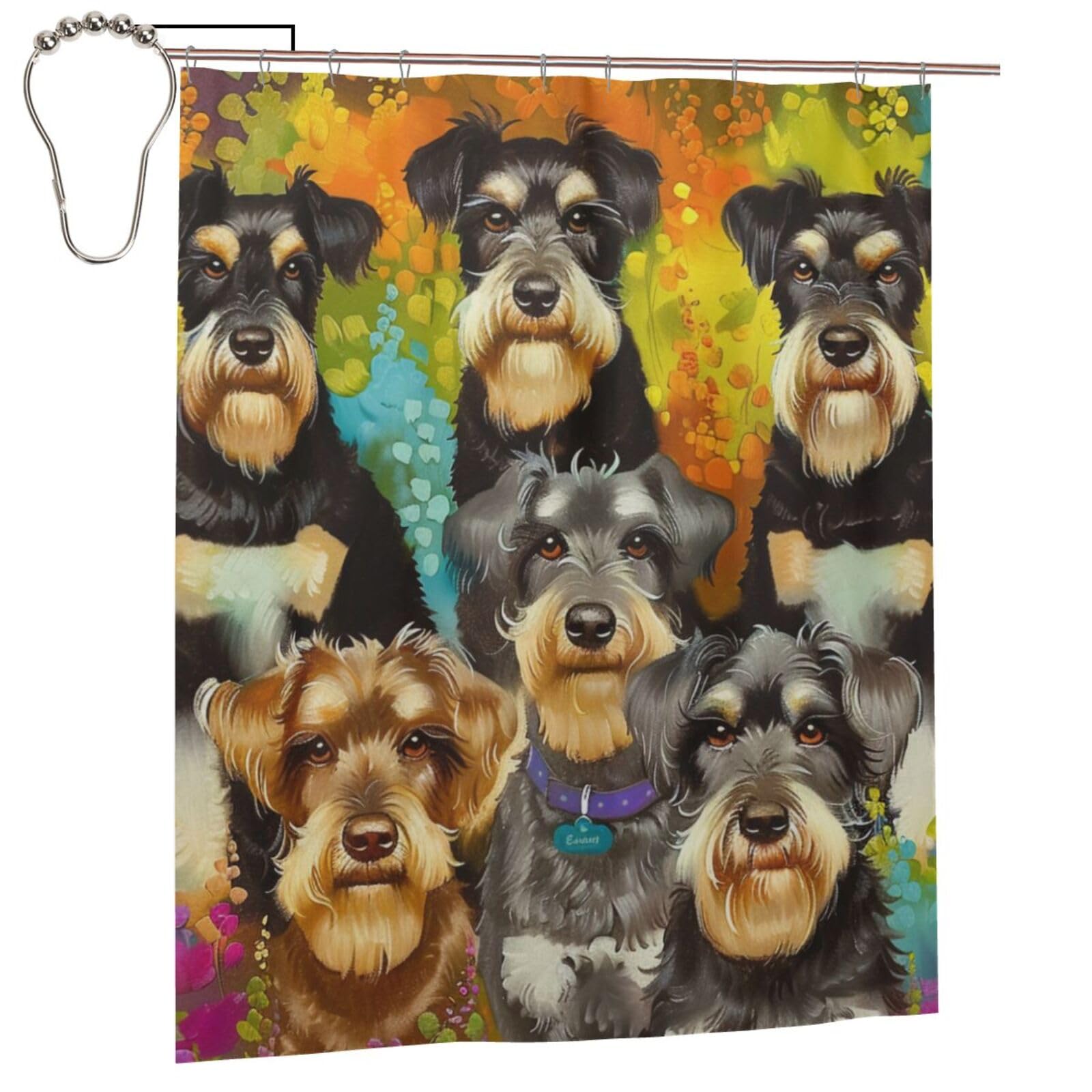 BWWHCCTI Oil Cute Schnauzer Dogs Printed Shower Curtain With 12 Iron Hooks Opaque Quick Drying Waterproof Shower Curtains Sets For Bathroom 152x183 Cm