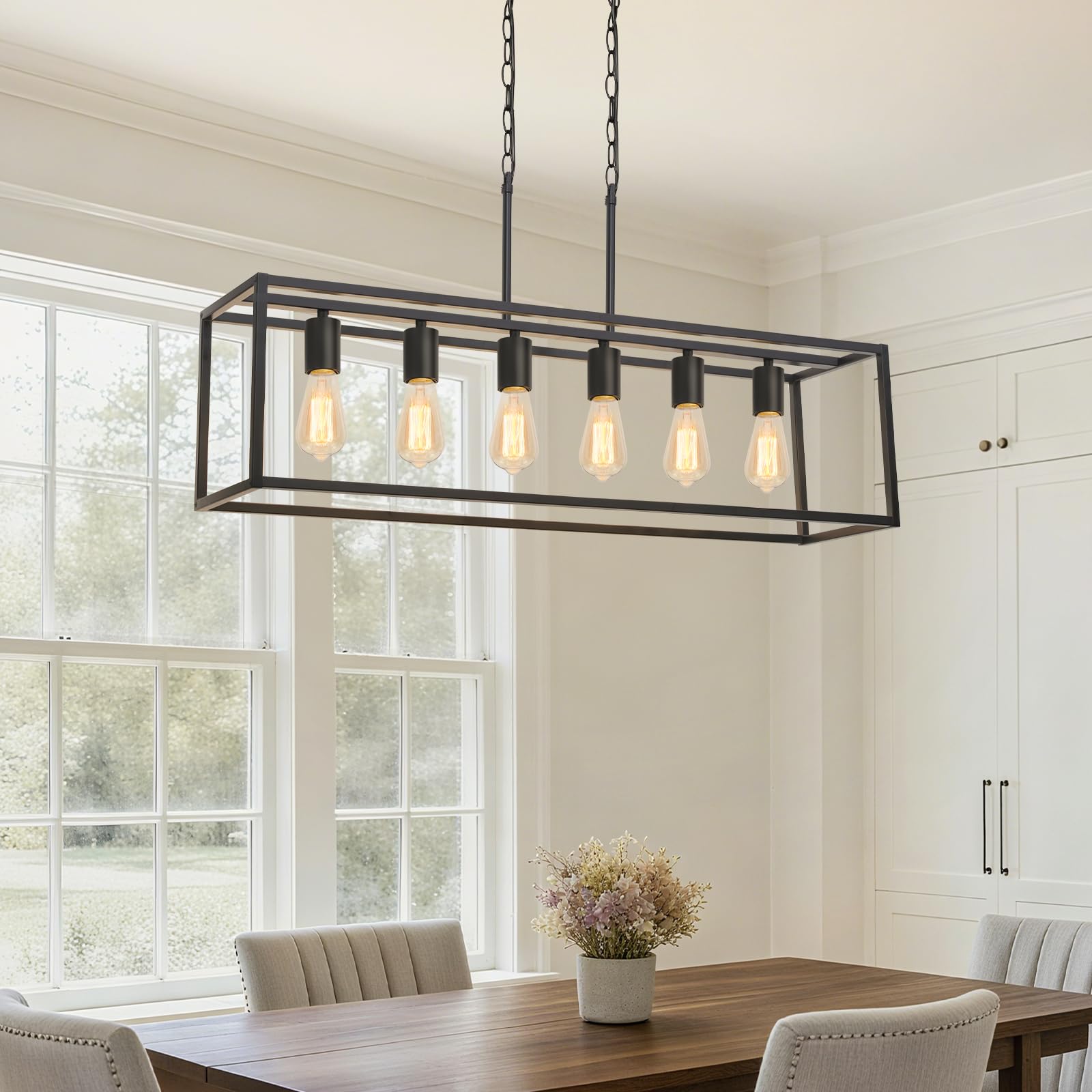 Photo 1 of Boncoo 6 Light Black Chandeliers for Dining Room, Adjustable Height Linear Chandelier Kitchen Light Fixture, Modern Farmhouse Chandelier Rectangle Island Light for Kitchen Hanging Light Fixtures