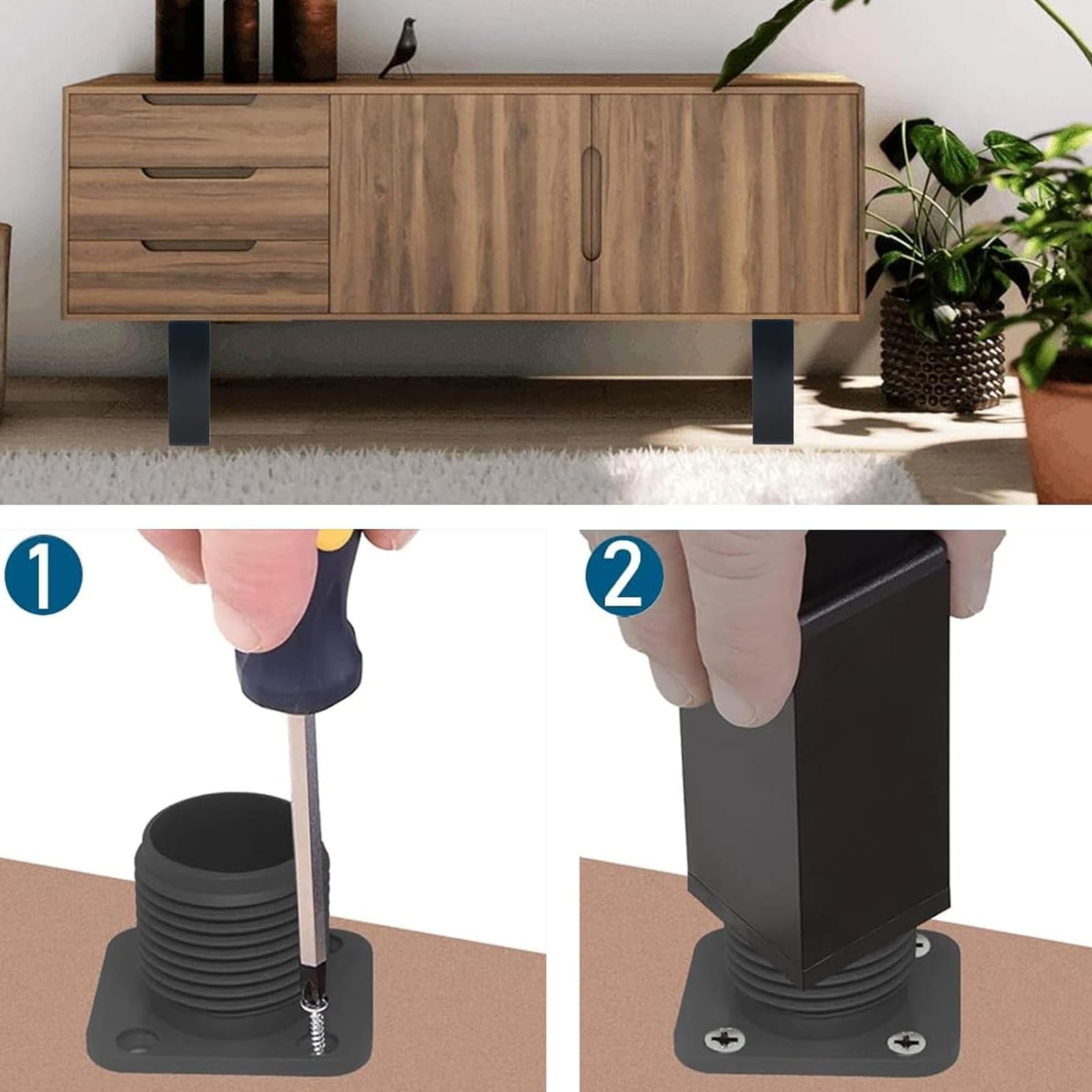4 Pezzi Piedini Regolabili per Mobili Quadrati Gambe per Mobili Altezza Regolabile 8 cm Piedi per Mobili Gambe Letto Gambe Tavolo in Metallo per Armadietto Divano (Nero, 8cm)