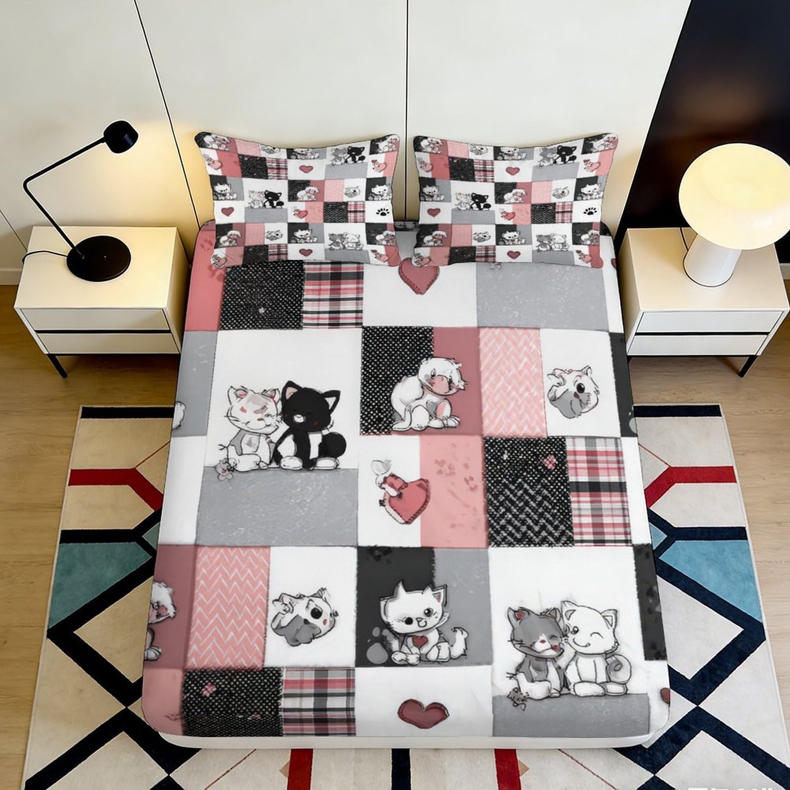 3D Printed Cartoon Cat Patchwork Fitted Sheet Microfiber Pink Grey Bed Cover for Bedroom Dorm Mattress Protection Decor 160x200x25cm