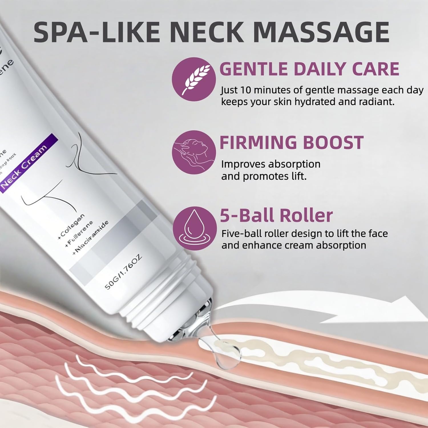 Magic Collagen Fullerene Neck Cream, Tighten & Lift Firming for Crepey Skin, Collagen Peptides Anti-Wrinkle Neck Skincare, Smoother & Youthful-Looking Skin, with 5-Ball Roller (2 PCS)