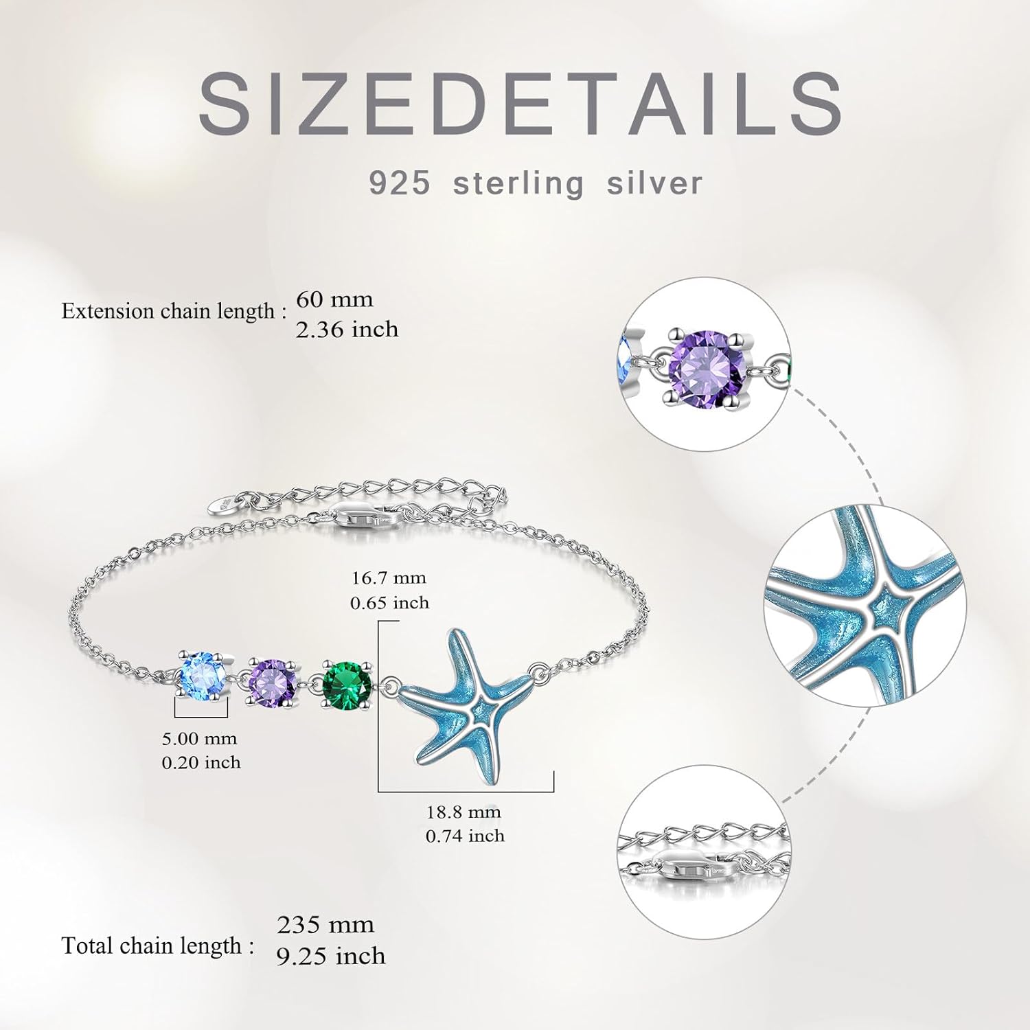 LONAGO Starfish Bracelet for Women 925 Sterling Silver Blue Starfish with Colorful Cubic Zirconia Bracelet - Image 6