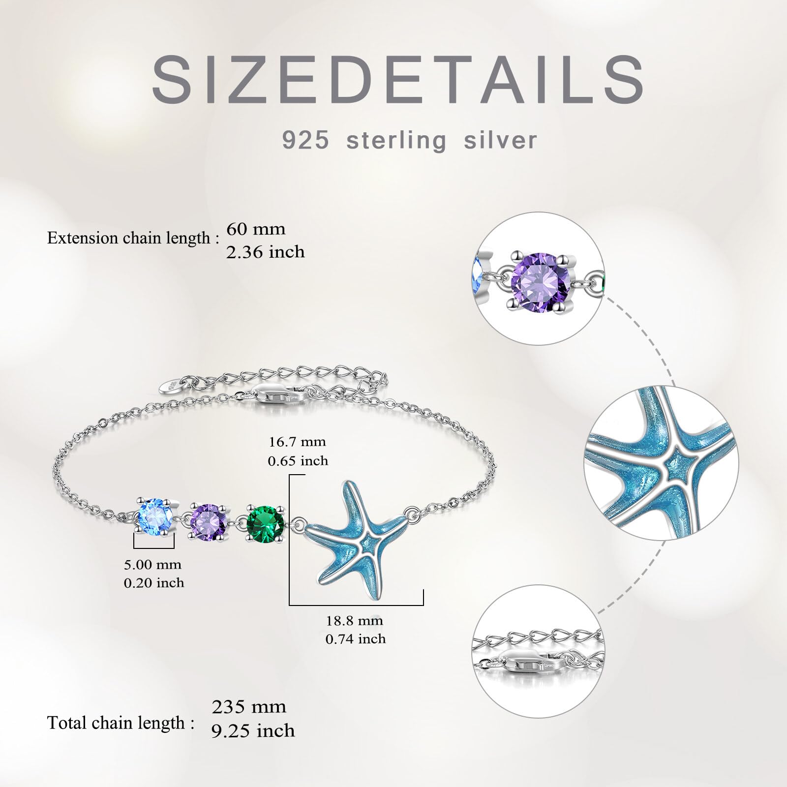 LONAGO Seestern Armband für Damen 925er Sterlingsilber Blauer Seestern mit Bunten Zirkonia Armband