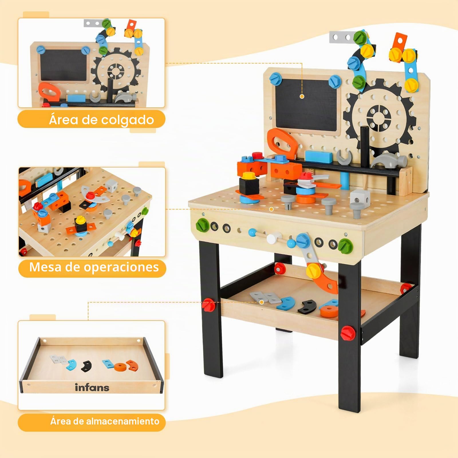RELAX4LIFE Banco de trabajo para niños, banco de herramientas de madera con pizarra, 6 herramientas y 75 accesorios para juguetes, mini-trabajadores, niños 3+ años