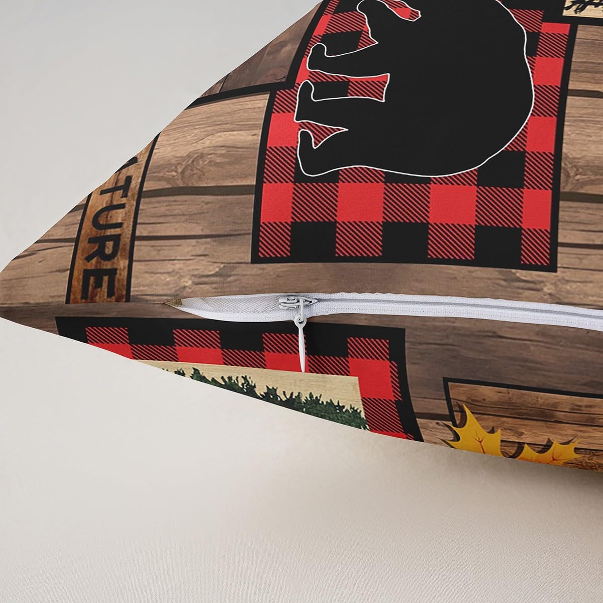 Pack of 4 Retro Cabin Throw Pillow Covers 16x16 Inch, Rustic Adventure Bear Deer Rug, Hunting Wild Animal Cushion Covers, Plaid Lodge Farmhouse Western Country Black Red Lattice Brown Cushion Cases