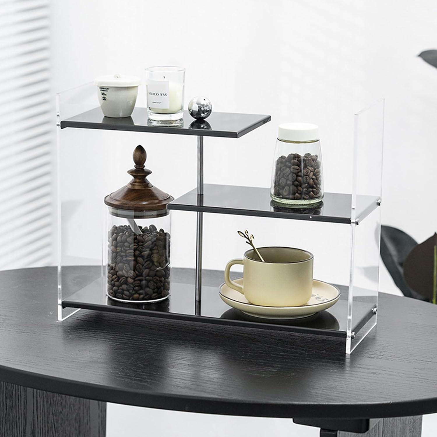 Coffee Station Organizer for Countertop, 3 Tier Acrylic & Stainless Steel Shelf Desktop Display Stand, Multifunctional Kitchen Countertop Organizer for Accessories Mug Holder Spices Display (Black)