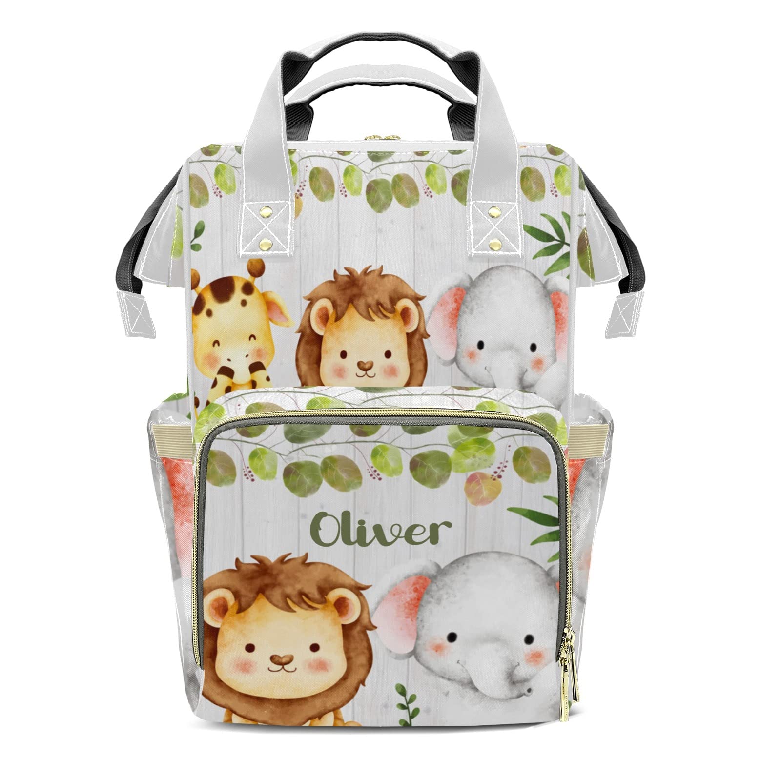 Safari Animals Giraffe Lion Elephant Personalized Large Capacity Diaper Bags,Custom Name Backpack Casual Daypack Bag Nappy Bag Gifts