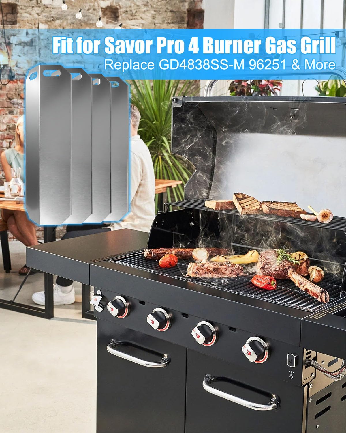 GD4838SS-M Flame Tamer Grill Replacement Parts Fit for Savor Pro 4 Burner Grill, GD4838SS-M Stainless Steel Heat Shield Grill Accessories, Flame Tamers Heat Plates Replaces 96251, 4 Pack Heat Tent