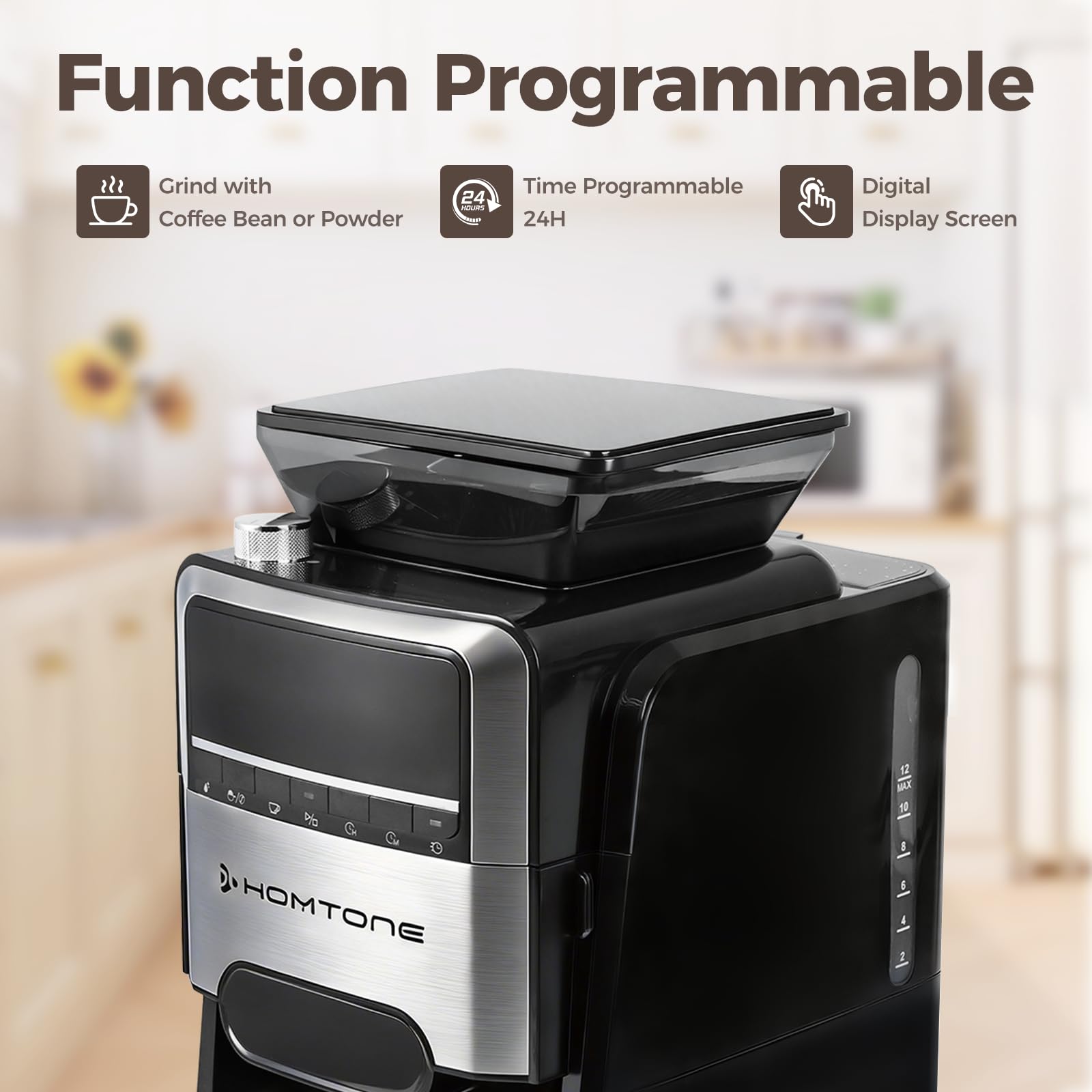 Homtone Thermoblock ekspres do kawy ze zdejmowanym młynkiem, 24-godzinny timer ekspres przelewowy z 12-filiżankowym szklanym dzbankiem, metalowy filtr permanentny, 1400 W, do ziaren i proszku