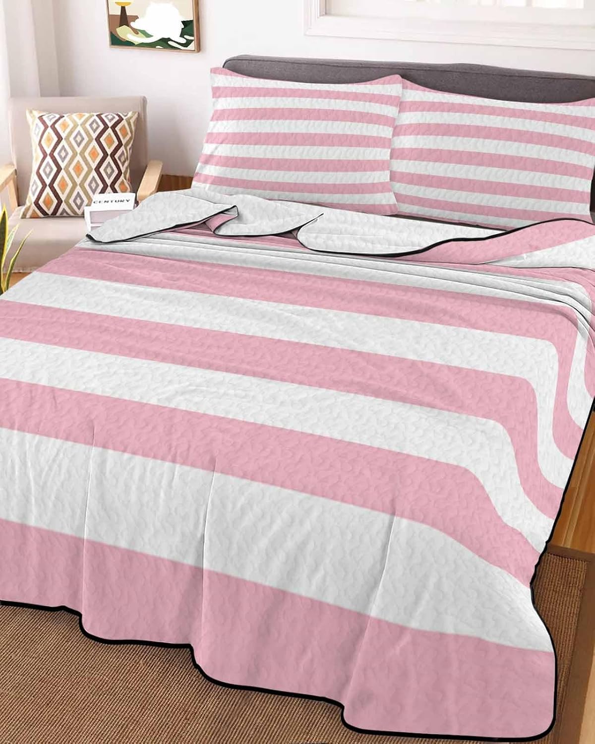 Summer Quilts Twin Size, Lightweight Quilted Coverlet Girls Stripes Comforter Set for Bed, All Season Bedspreads Soft Quilt Bedding with 2 Pillowcases 68x86 Inch
