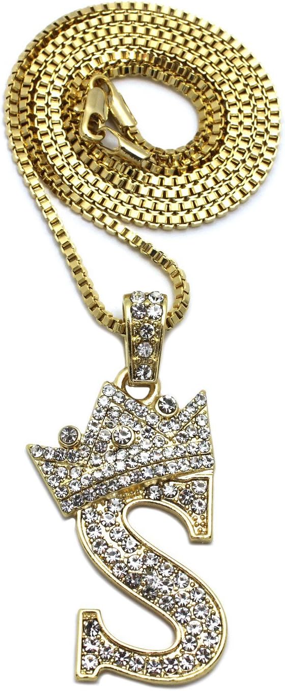 CBC Crown Rhinestone Studded Crown Initial Alphabet Letter Pendant Necklace 24" Box Chain Necklaces in Gold Tone or Silver Tone