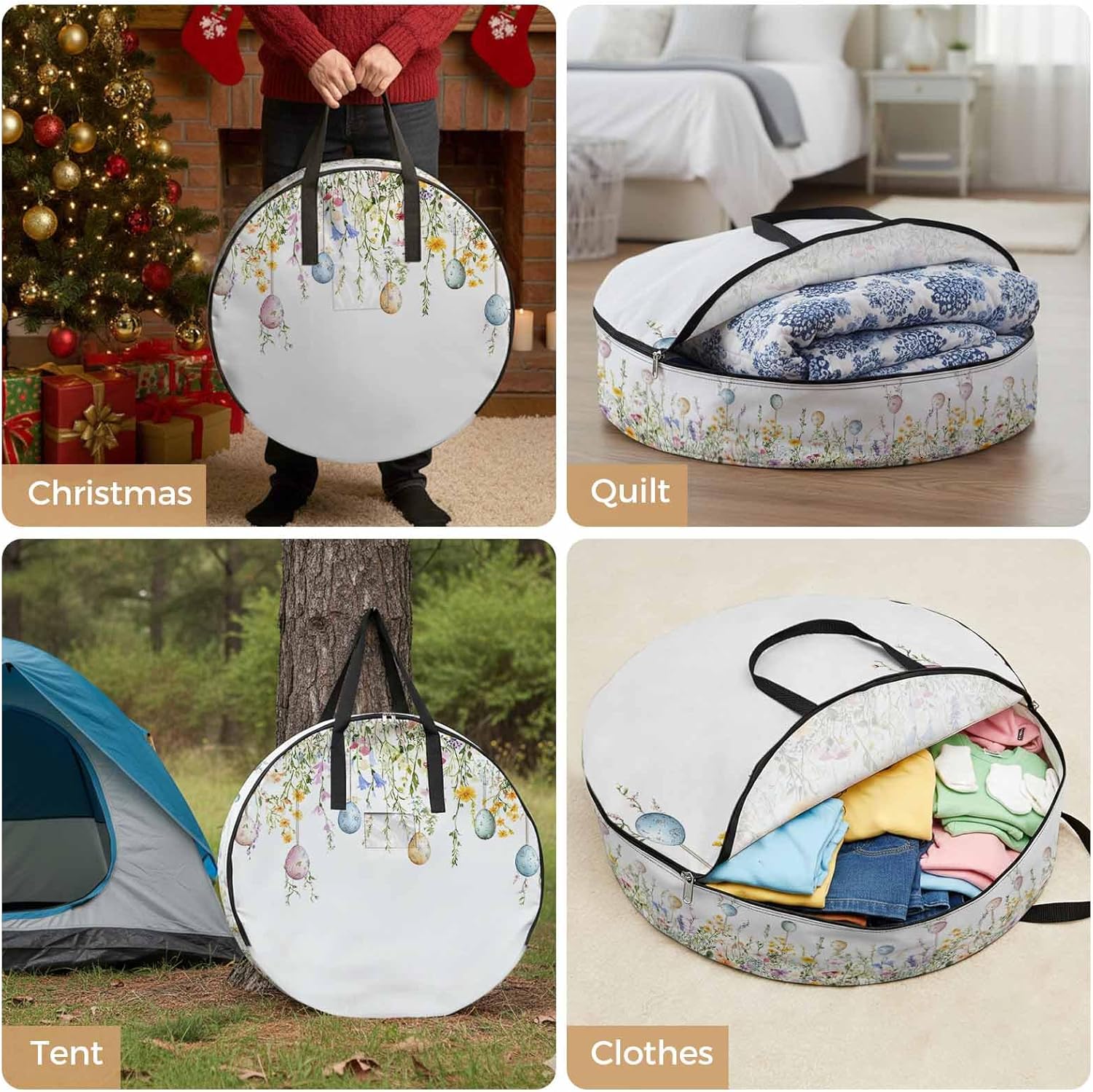 Spring Colorful Round Storage Bag 36 Inch, Easter Eggs Wildflower Eucalyptus Leaf Clothes Storage Container with Handles Heavy Duty Organizer for Comforter, Bedding & Holiday Wreaths