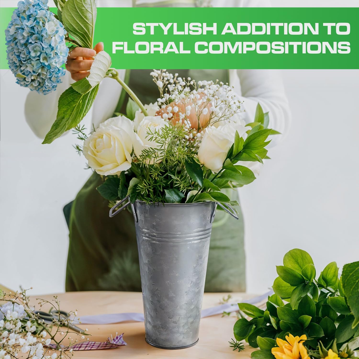 Plexon 9" Tall Metal Vase for Flowers, Metal Flower Container with Handles, Farmhouse French Tin Vases for Flowers Ideal for Sparkler Bucket Wedding Home Decor, Galvanized Steel, Set of 6