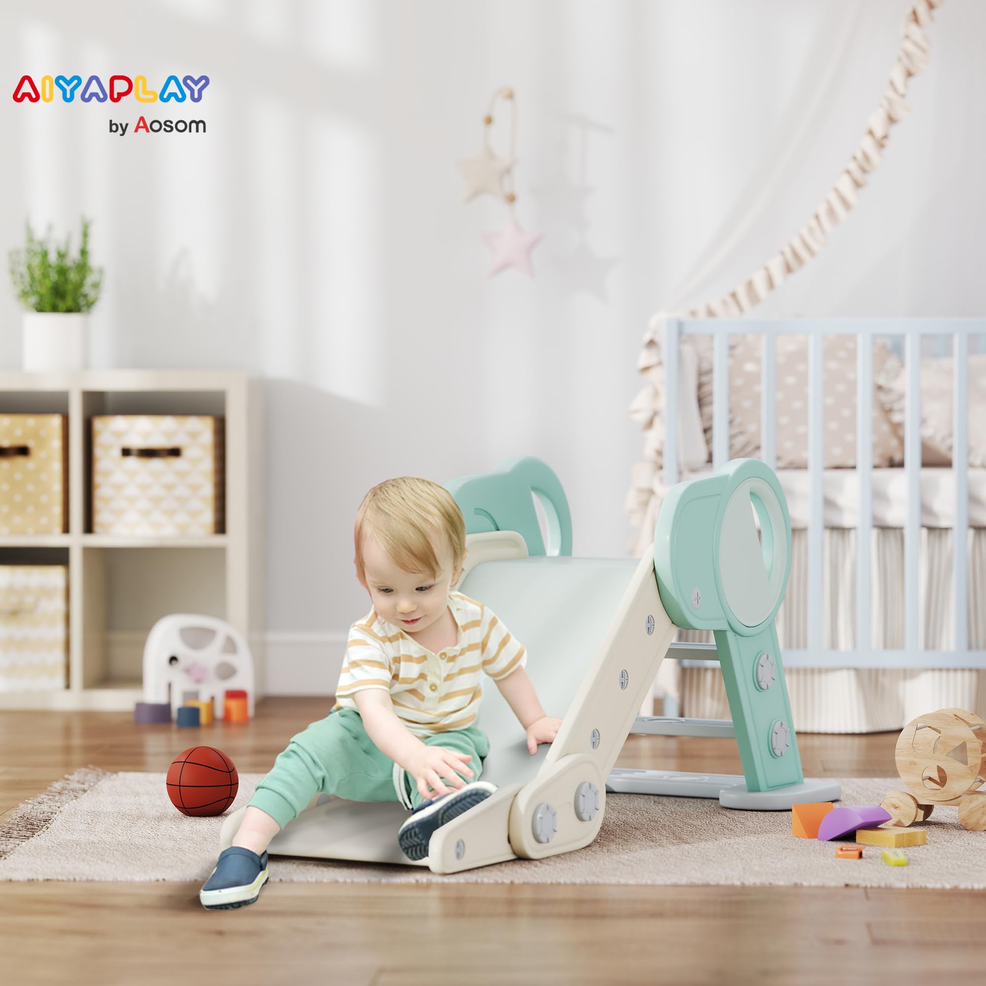 AIYAPLAY Tobogán para Niños Plegable Tobogán Infantil de 18-36 Meses con 3 Escaleras Antideslizantes para Interiores Carga 30 kg 120x53x53 cm Verde