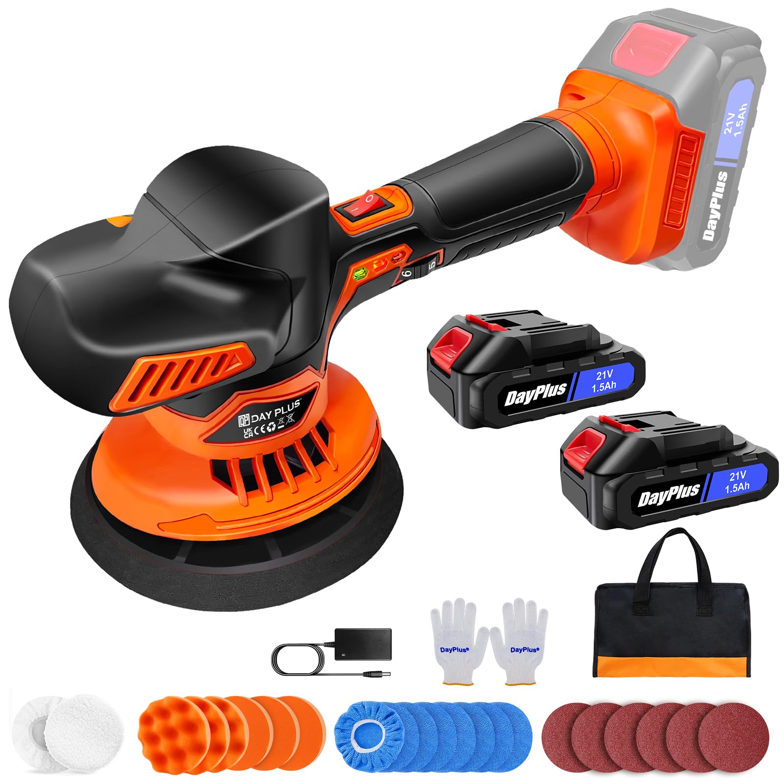 Pulidora inalámbrica de 21 V con ajuste de 6 velocidades y 2 baterías de iones de litio, pantalla de nivel de disco de 125 mm a 150 mm, potencia de entrada máxima de 110 W para pulido