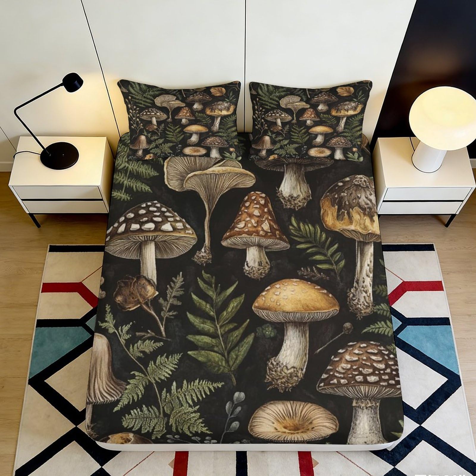 3D Printed Mushroom Botanical Fitted Sheet Microfiber Deep Pocket Elastic Hem Bedding Set Mushroom Mattress Fitted Cover Washable Home 160x200x25cm