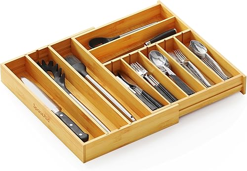 SpaceAid Organizador de cajones de cubiertos de bambú de 2.5 pulgadas de alto con etiquetas, bandeja expandible para utensilios de cocina, para