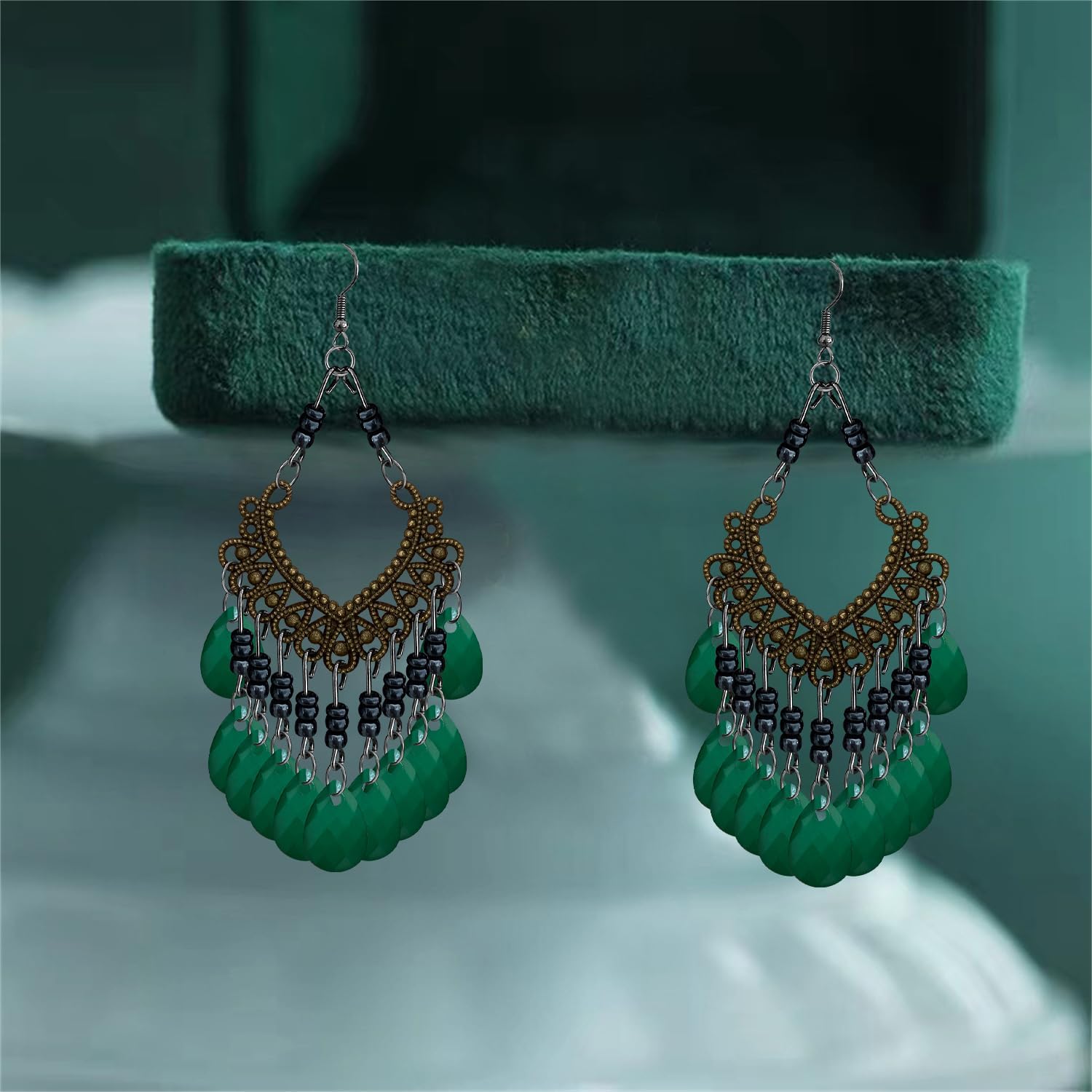 Bohemian Vintage Silver Chandelier Teardrop Beaded Geometry Dangle Drop Earrings For Women - Image 6