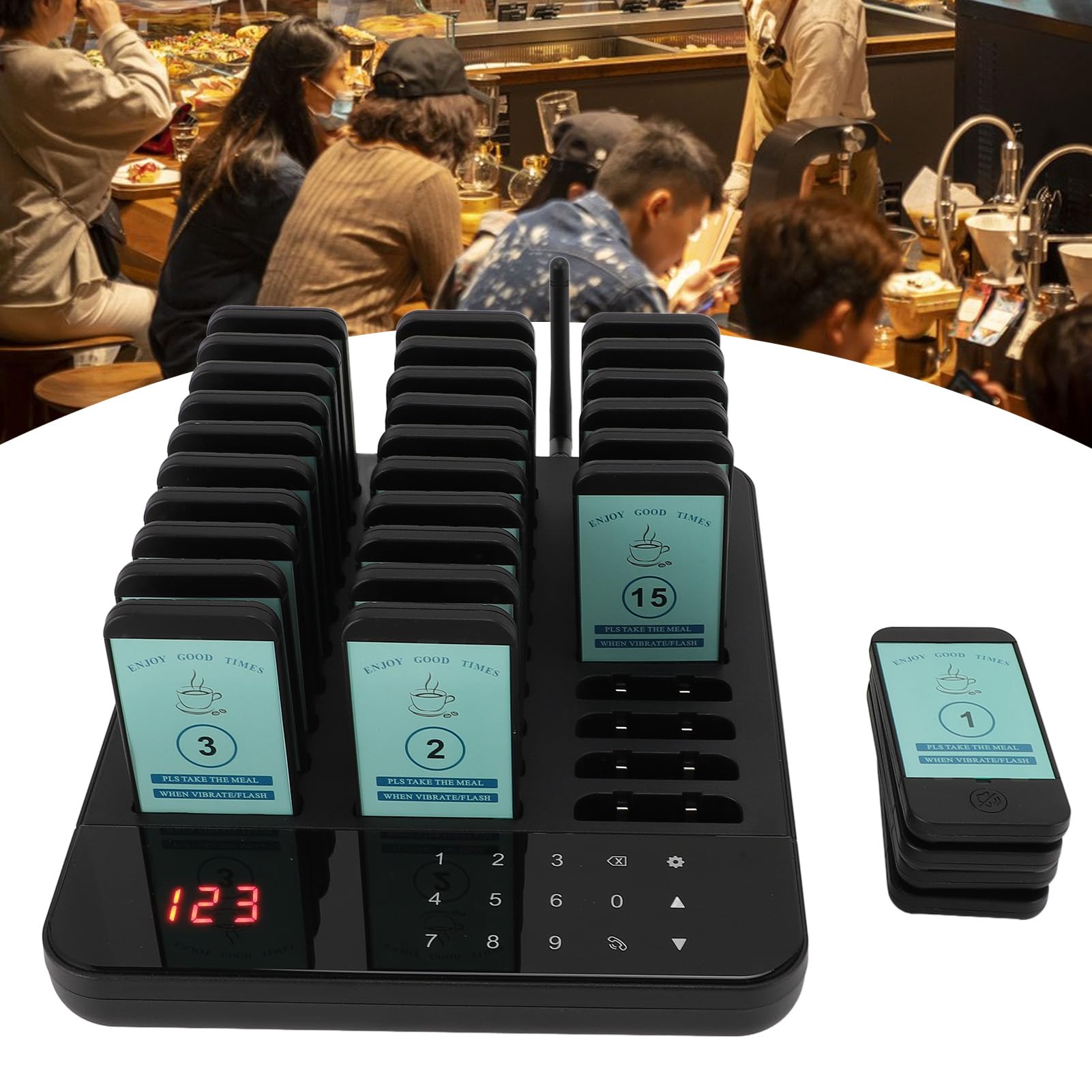 Bezprzewodowy System Pagera do Restauracji o Zasięgu 500 M, 3 Tryby Przypominania o Oczekiwaniu Klienta, 24-godzinny Czas Czuwania, Muzyka na żywo, Długa Stacja ładująca, Podgląd