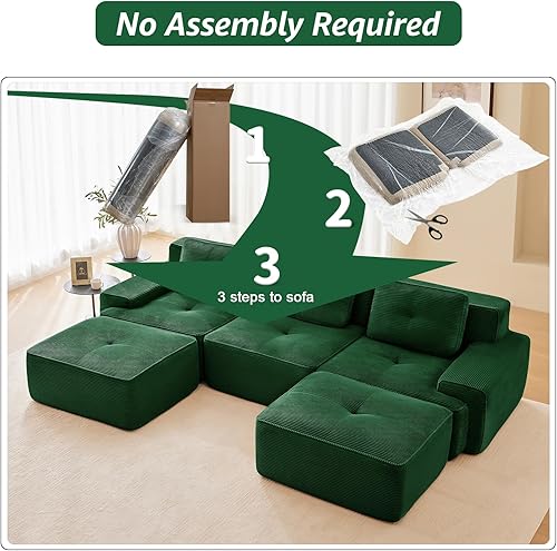 Miniatura 8 de Sofás modernos sin hueso de 115 pulgadas para sala de estar, sofá modular de pana seccional, sofá modular verde, 3 plazas con 2 otomanas, sofás para