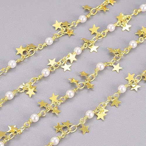 Miniatura 3 de LiQunSweet Cadenas de eslabones de estrellas hechas a mano con cuentas de latón con dijes de latón, perlas de imitación de vidrio y carrete para