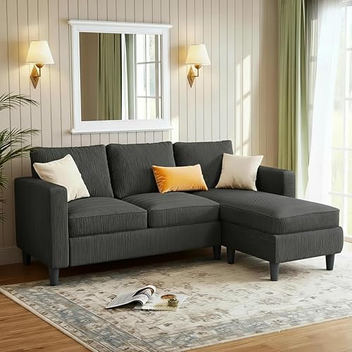 JAMFLY Couches for Living Room, 3-Seat Reversible Sectional Sofa with Convertible Ottoman, Modern Ribbed Fabric L-Shaped Couch for Small Apartment, Studio & Office, Easy Assembly, Grey