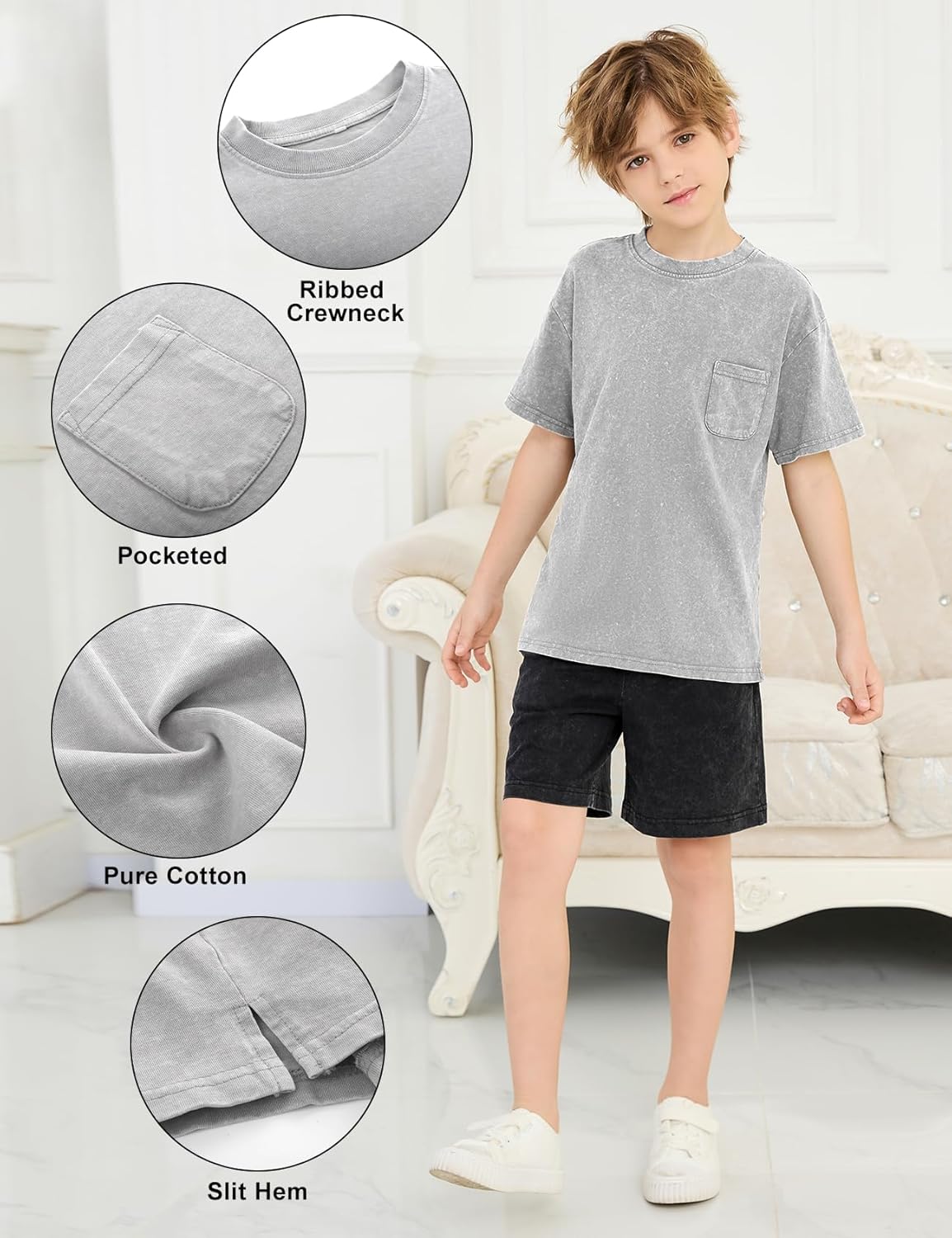3 Pack Boys Girls Shirts Short Sleeve Acid Washed Cotton T-Shirts Kids Tshirts Summer Tops Tees 5-14 Years - Image 7