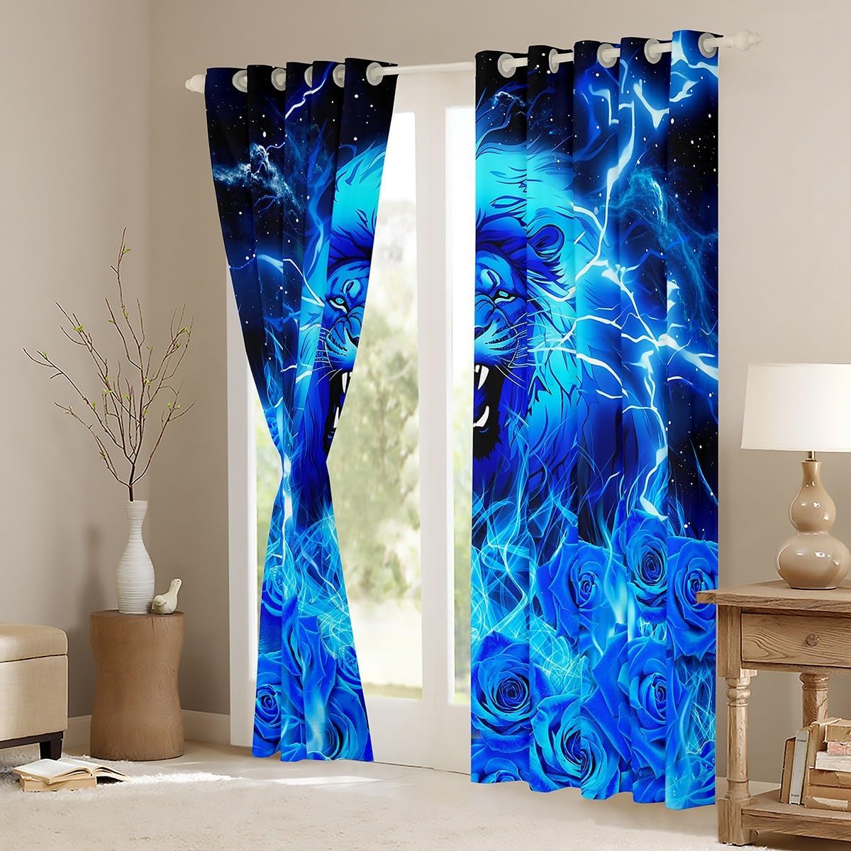 Manfei Lion Kids Blackout Curtain,Rose Flowers Romantic Valentine's Day Window Drapes for Boys Men,Wild Animals Lightning Blue Fashion Window Treatments Grommet Top 2 Panel Set,38Wx45L inch