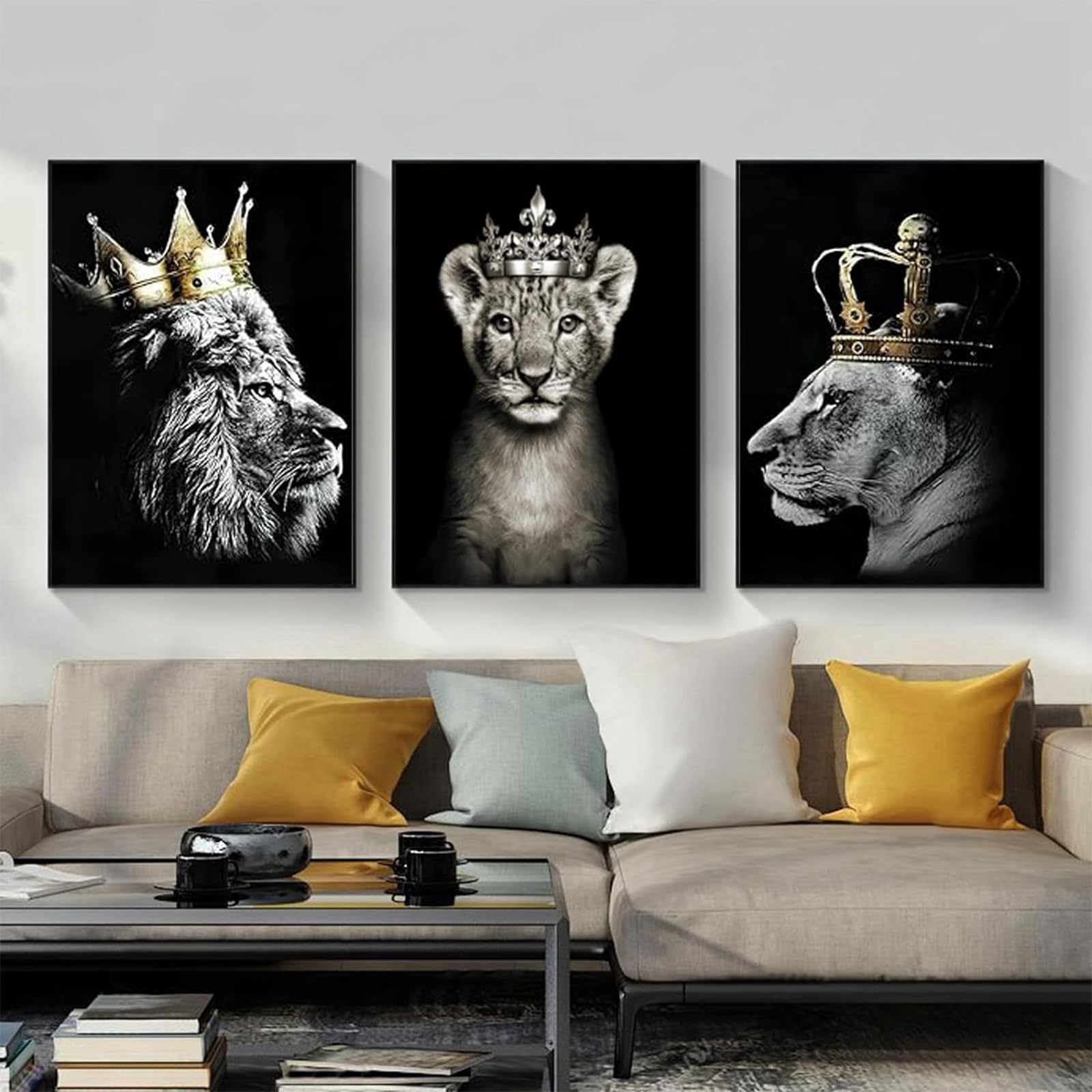 Tableau Noir et Blanc Lion et Lionne grand format triptyque pour habiller un mur