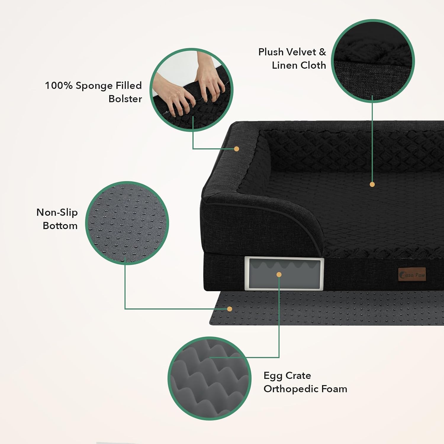 Orthopedic Dog Beds for Extra Large Sized Dogs 42x30 Inch, XL Waterproof Egg Crate Foam Dog Sofa Bed with Washable Cover Pet Couch Bed with Removable Bolsters & Non-Slip Bottom, Black
