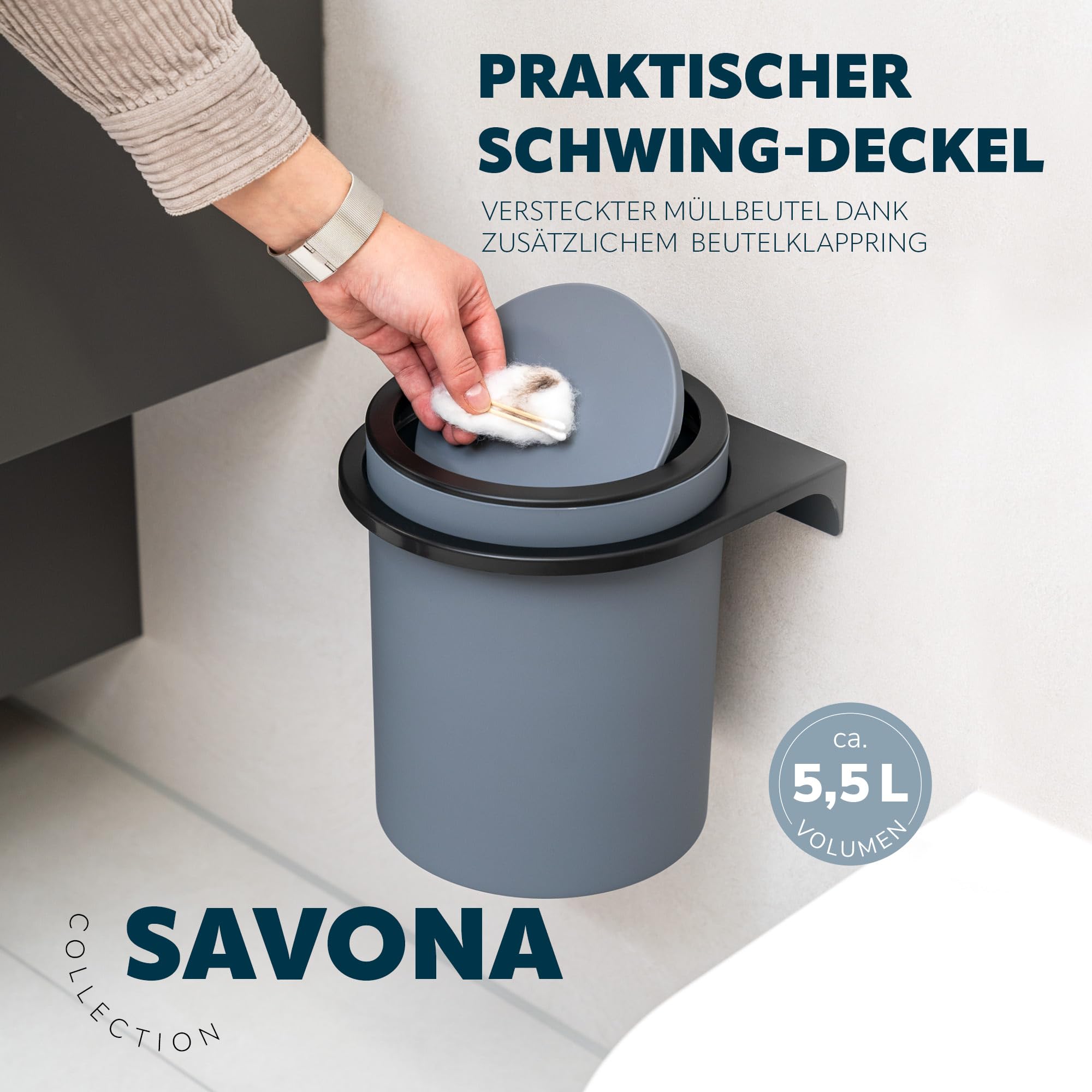 bremermann rundes 2tlg. Bad-Set Savona mit gummierter Softtouch-Oberfläche inkl. Wandhalterung zum Kleben oder Bohren, moderner Kosmetikeimer 5,5 Liter und WC-Garnitur aus Kunststoff (Grau)