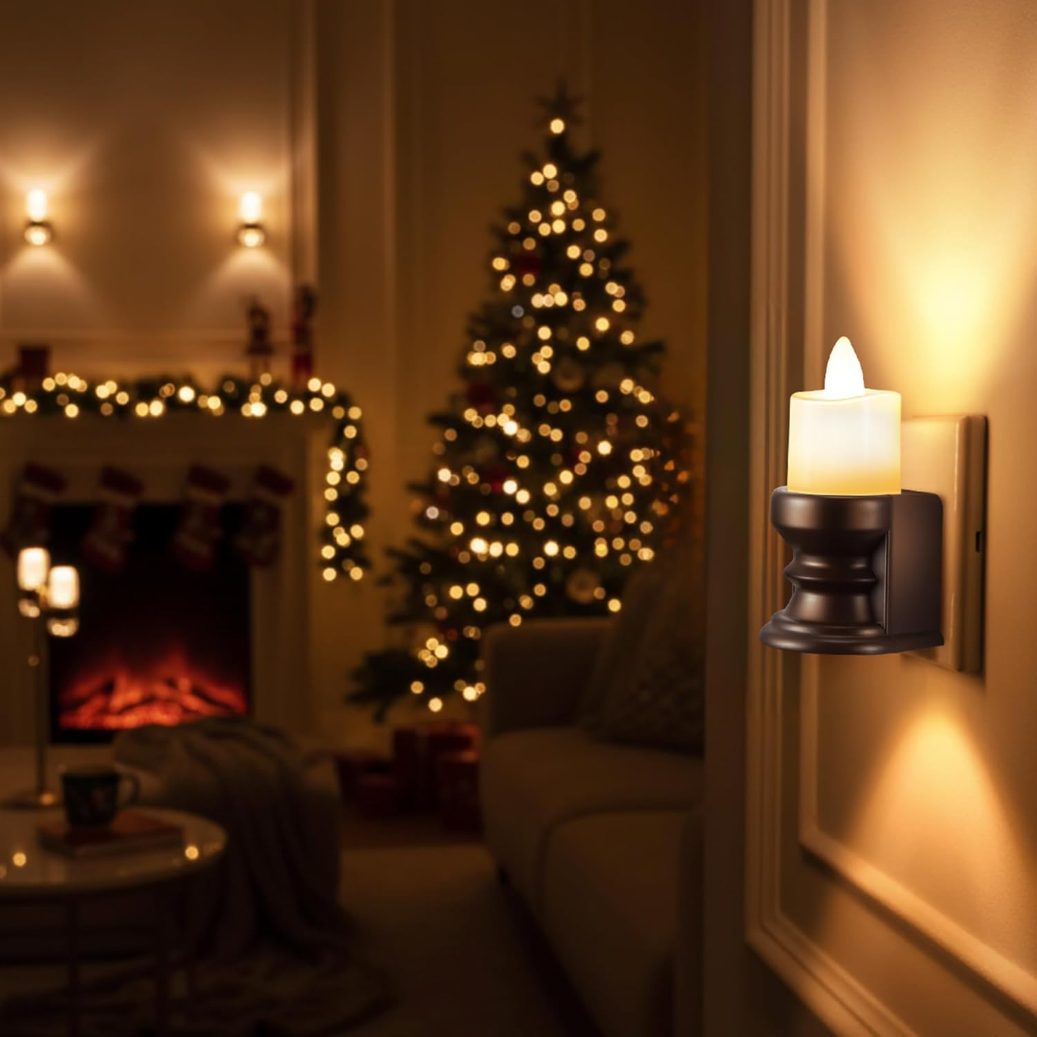Meonum Remote Control Flickering Flameless Candle Night Light Plug in, Dimmable LED Nightlight with Dusk to Dawn Sensor, Dual Light Candle Nightlight for Bedroom, Hallway, Bathroom(Warm Yellow)