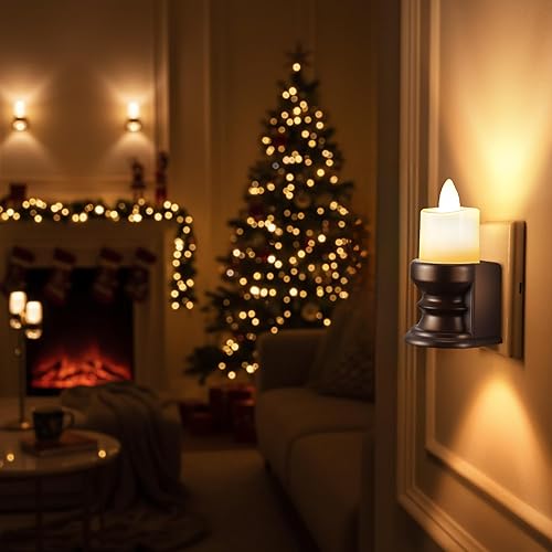 Vista 6 de Meonum Luz nocturna parpadeante sin llama enchufable, luz nocturna LED regulable con sensor de atardecer a amanecer, luz decorativa para dormitorio