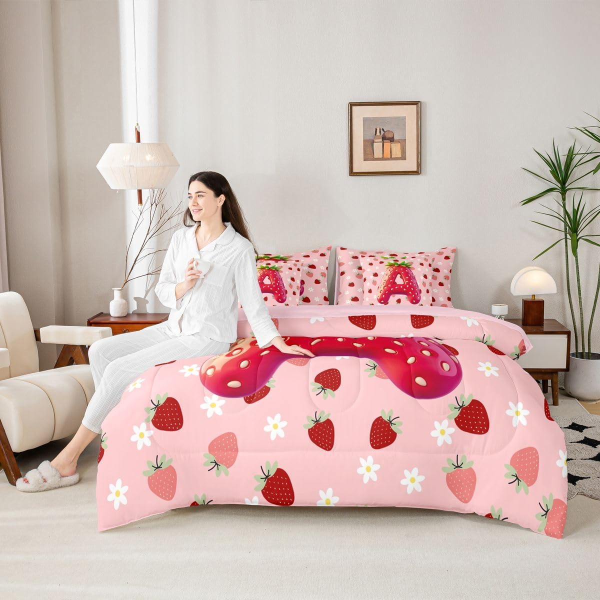 Feelyou Girls Pink Red Strawberry Comforter Set with Sheets 7 Piece Full Size Initial Letter A Bedding Set for Kids Boys Girls Princess Strawberry Bed in a Bag Room Decor Soft Lightweight Microfiber