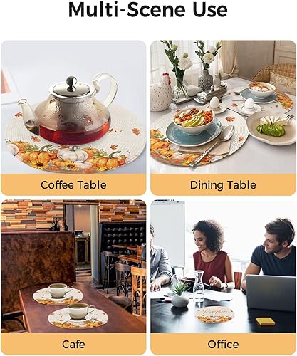 Miniatura 2 de 6 manteles individuales redondos trenzados, diseño de girasoles, hojas de arce y Acción de Gracias, lavables, manteles individuales de 15 pulgadas,