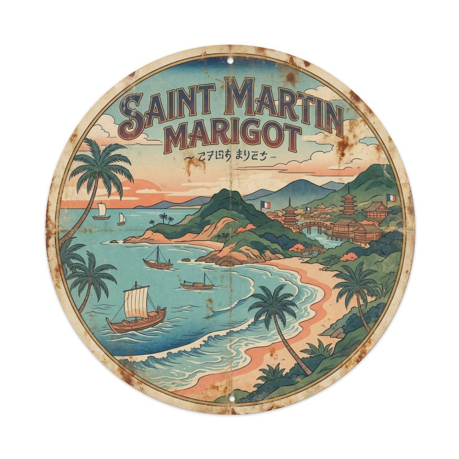 Saint Martin Marigot Beach Destination Woodblock Metal Tin Sign