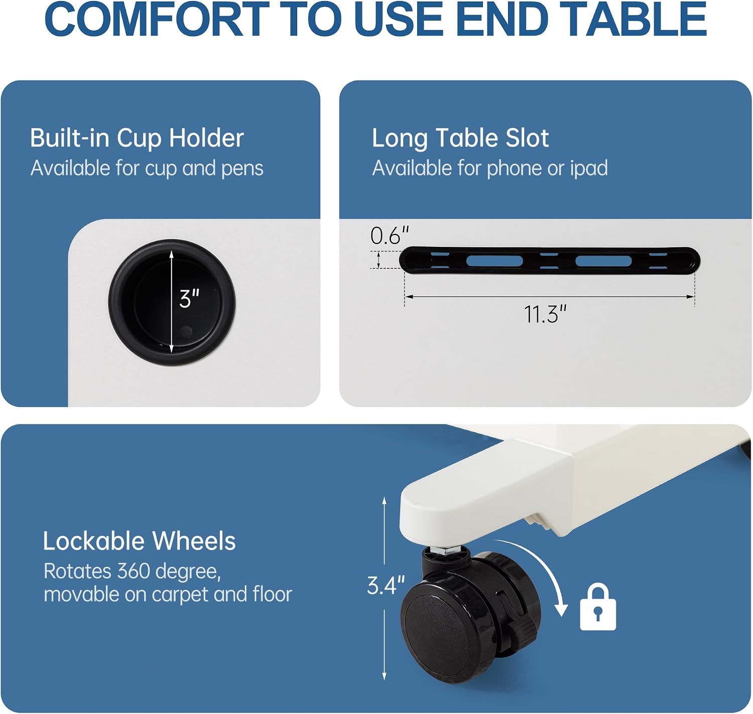 Height Adjustable Overbed Table with Wheels, Rolling Laptop Standing Desk, Portable Bedside Tables with Slot, Cup Holder, Mobile Pneumatic Computer Cart, White