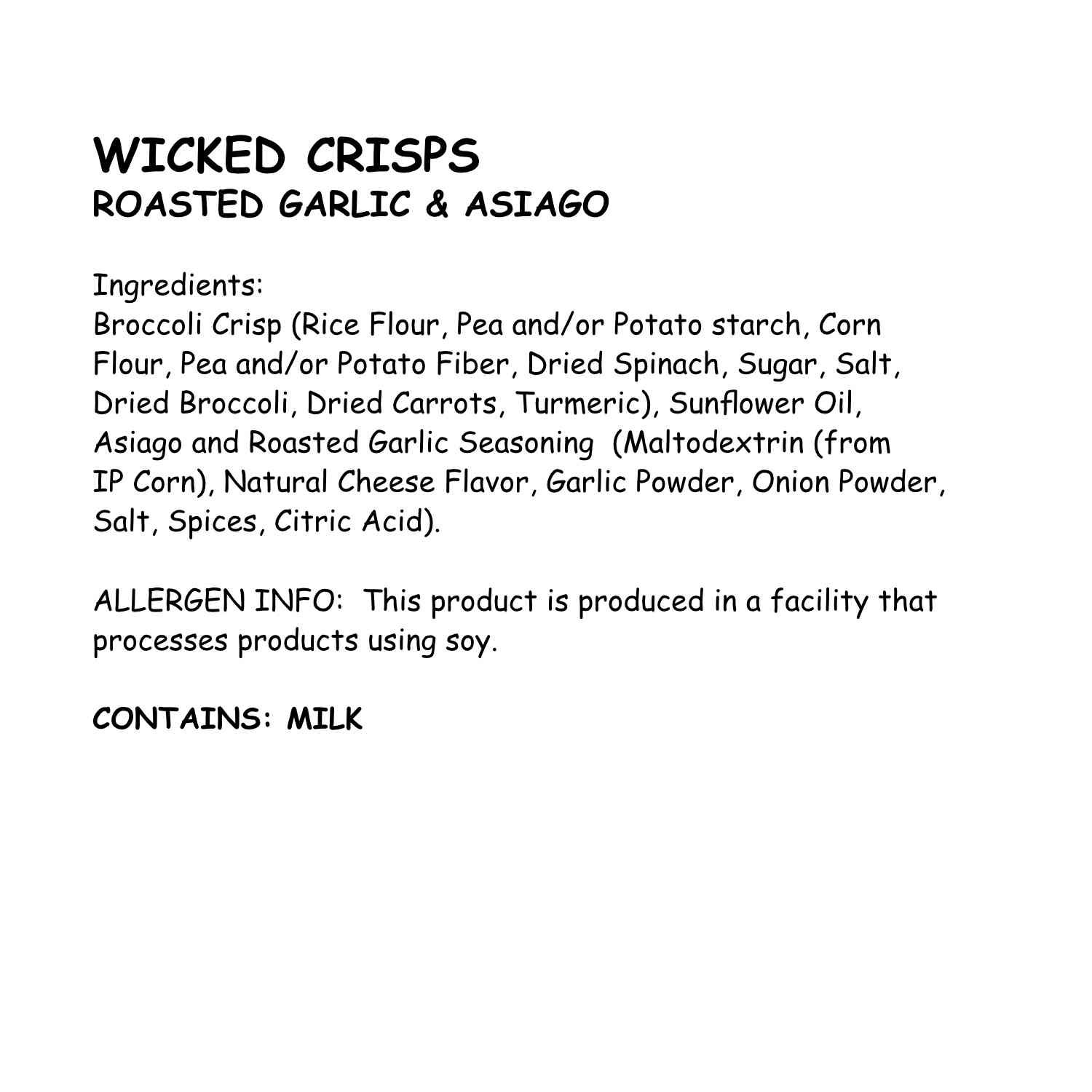 Baked Veggie Chips, Wicked Crisps - Roasted Garlic and Asiago Cheese Broccoli Crisps, Healthy Snack, Crunchy Gourmet Savory Crisps, No Additives or Preservatives, Gluten Free, Low-Fat, Kosher, Non-GMO, 4oz party-size bag (4 pack)
