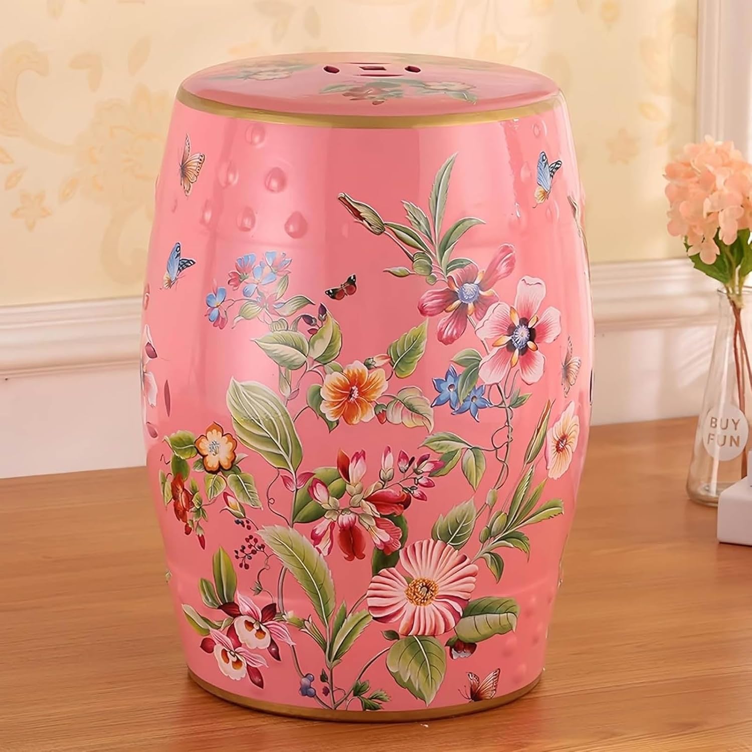 Garden Stool Decorative Floral Ceramic Garden Stool Chinese Drum Stool Flowers & Butterflies Garden Stool Multi Purpose Accent Table Cottage French Country Traditional for Garden Green