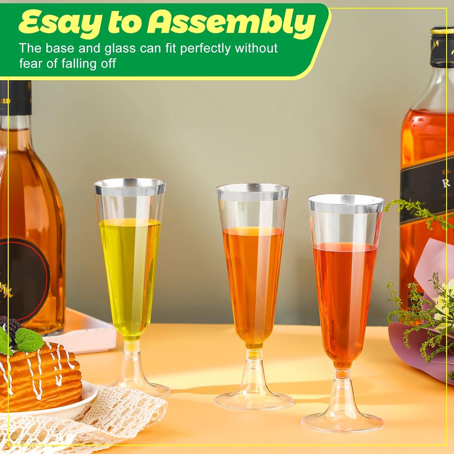 Gerrii 300 Pcs Plastic Champagne Flutes Bulk, 4.5 oz Clear Disposable Champagne Flutes, Rimmed Toasting Glasses for Wedding Birthday Anniversary Celebration Party Wine(Silver Rim) - Image 4