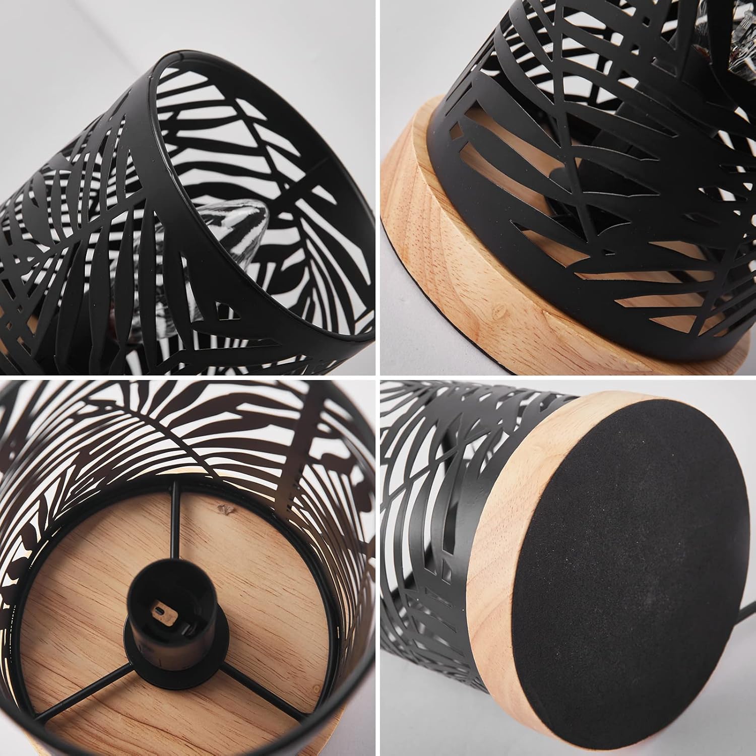 Table Lamp, E12 40W Bedside Lamp with Black Metal Hollow-Out Shade and Wooden Base, Table Lighting Decorative for Bedroom, Living Room (Without Bulb)