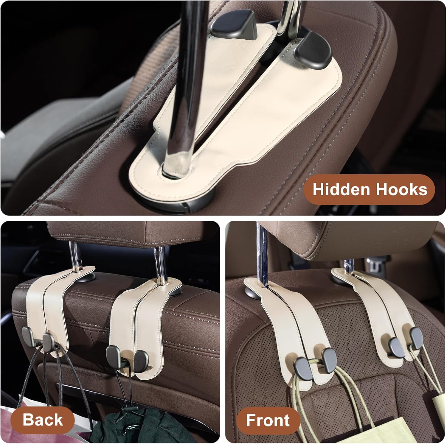CoBak Purse Hook for Car - Universal Premium Stitched Leather and Aluminum-Magnesium Alloy Double Car Seat Back Storage Hook for Purses, Handbags, Bags (4 Pack),Beige image 5