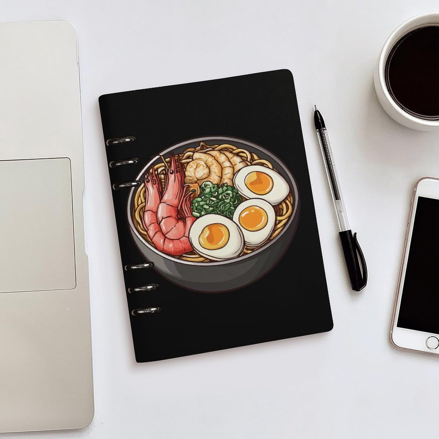 Japanses Ramen Noodles Bowl Lined Spiral Journal Notebook 6 Ring Binder PU Cover Refillable for Work Note image 5